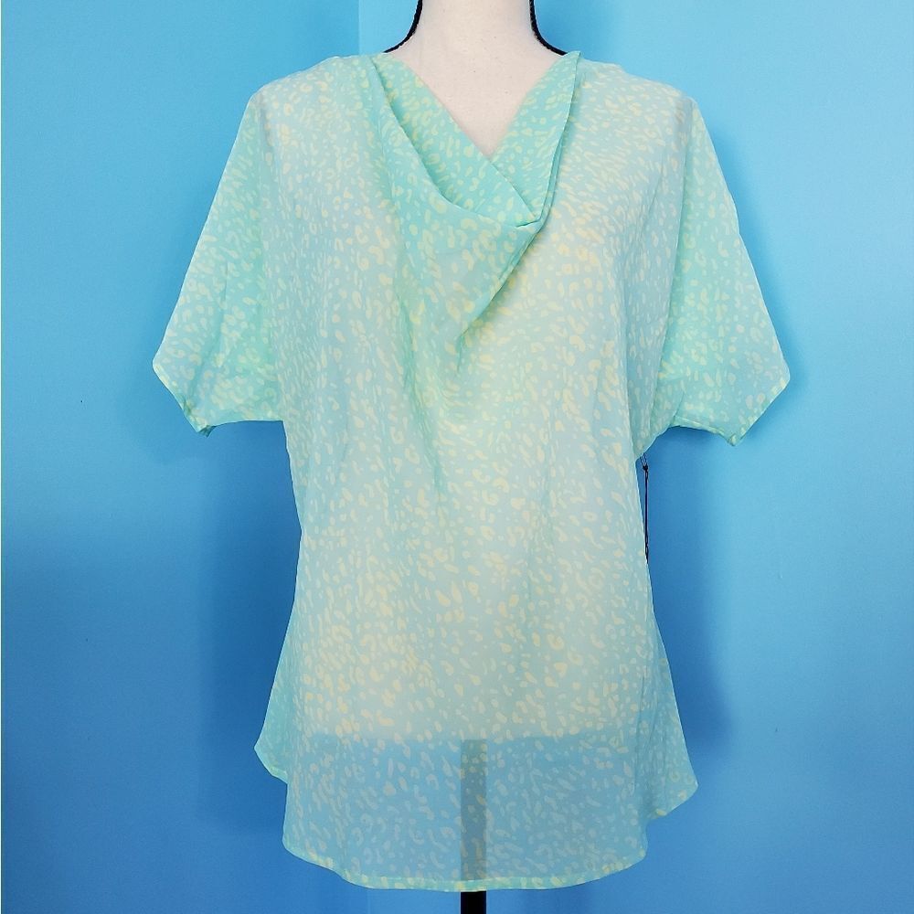 Vertigo Paris Light Teal Blue/Pale Yellow Abstract Print Sheer Drape Neck Blouse